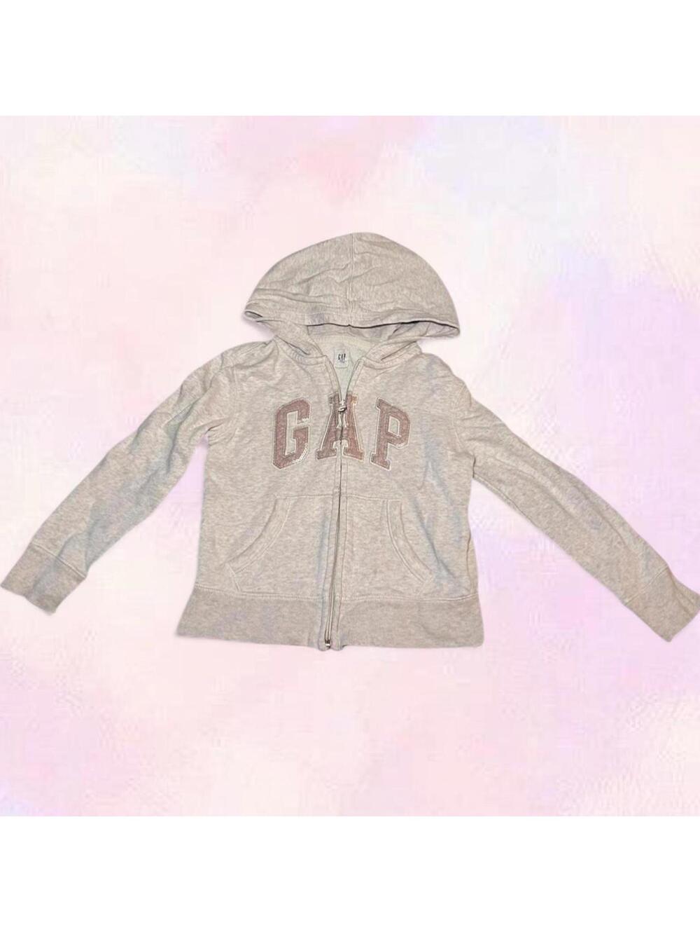 Gap Kids Grey Cream Zip Up Sweater Pink Logo Size 6-7 Years